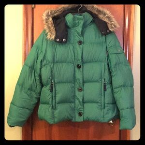 Green Down Puffer Coat with Faux Fur Trimmed Hood